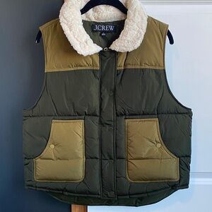 J.Crew Olive and Cream Vest with Sherpa Collar